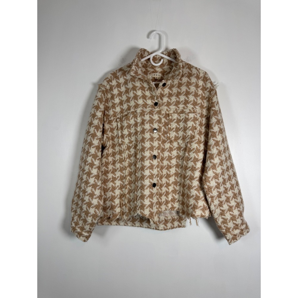 Boho POL Womens Small Shacket Tan Cream Houndstooth Distressed Frayed FWJ94B